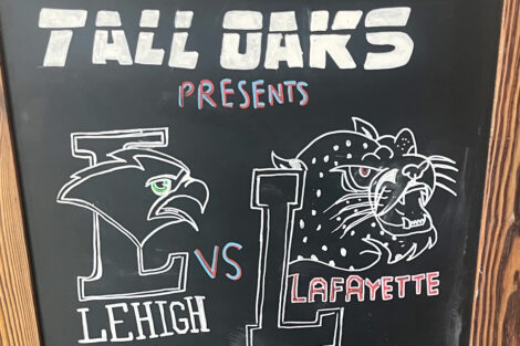Close up of a chalk board that reads Lehigh vs. Lafayette